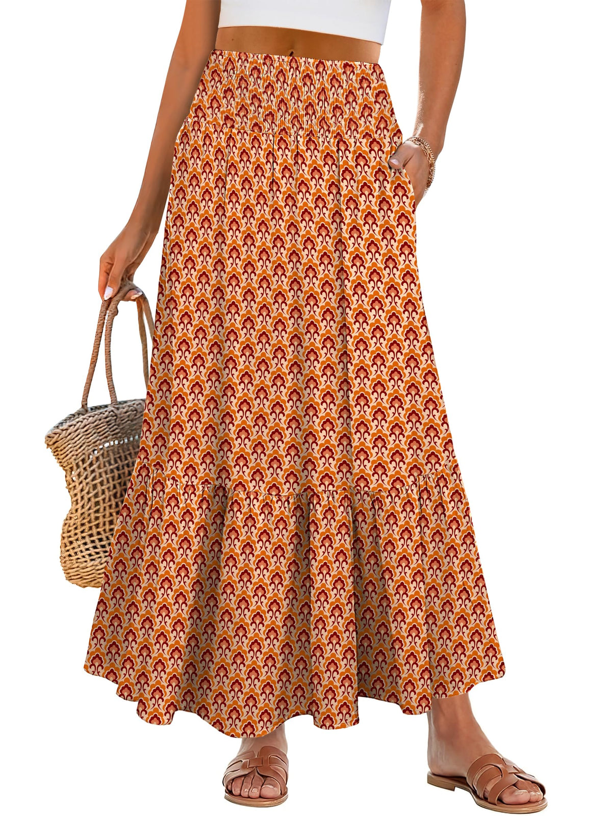 ANRABESS Women Boho Floral Maxi Skirts, High Waisted Tiered Skirt, Flowy Beach Skirts with Pockets for Vacation & Summer Wear