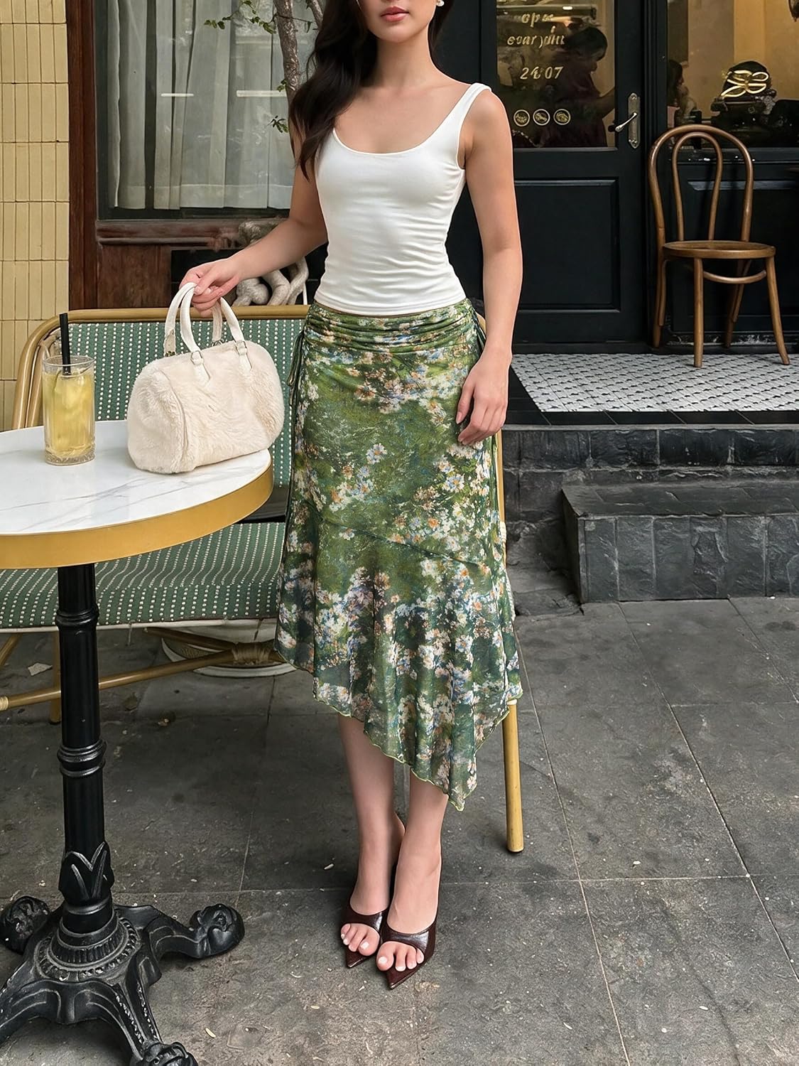 Narecte Boho Floral Ruched Asymmetrical Skirt Womens Midi Skirt