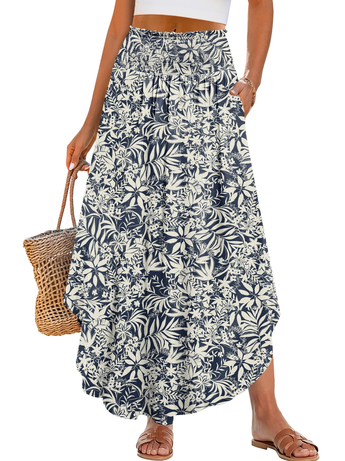ANRABESS Women's Maxi Skirts Summer Boho Floral High Waisted Flowy Swing Pleated Beach Long Skirt with Pockets