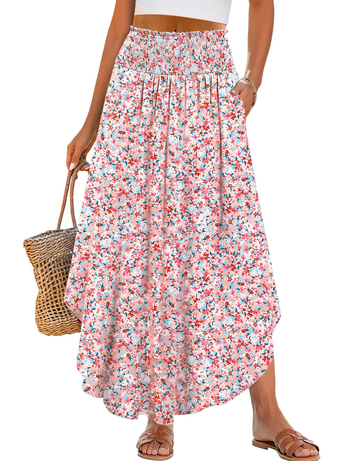 ANRABESS Women's Maxi Skirts Summer Boho Floral High Waisted Flowy Swing Pleated Beach Long Skirt with Pockets