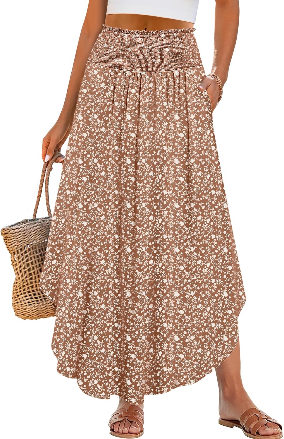 ANRABESS Women's Maxi Skirts Summer Boho Floral High Waisted Flowy Swing Pleated Beach Long Skirt with Pockets
