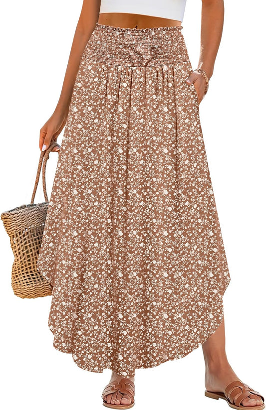 ANRABESS Women's Maxi Skirts Summer Boho Floral High Waisted Flowy Swing Pleated Beach Long Skirt with Pockets