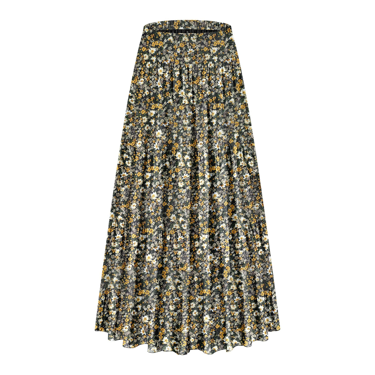 CYiNu Women's Chiffon Elastic High Waist Tiered Pleated Floral Printed A-Line Boho Long Maxi Skirts