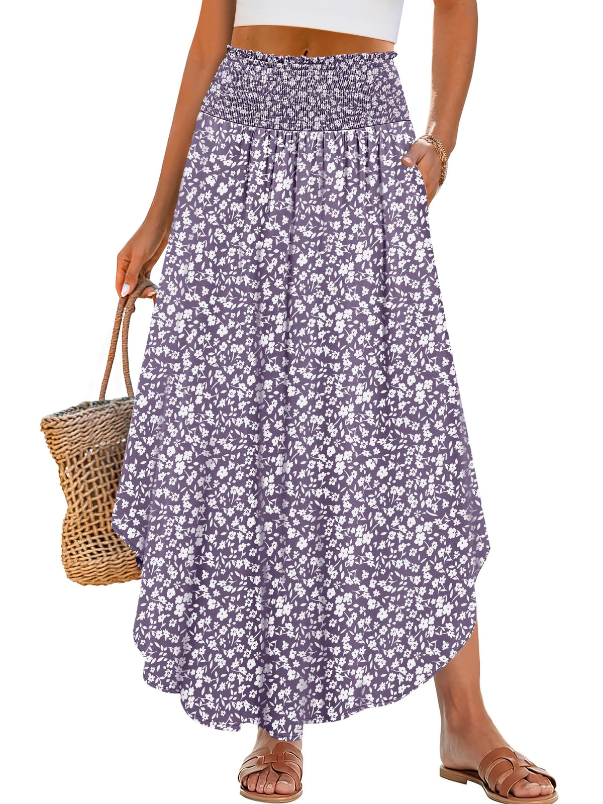 ANRABESS Women's Maxi Skirts Summer Boho Floral High Waisted Flowy Swing Pleated Beach Long Skirt with Pockets