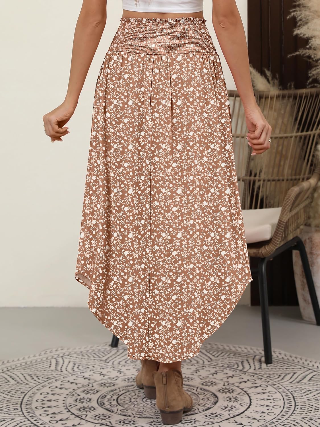 ANRABESS Women's Maxi Skirts Summer Boho Floral High Waisted Flowy Swing Pleated Beach Long Skirt with Pockets