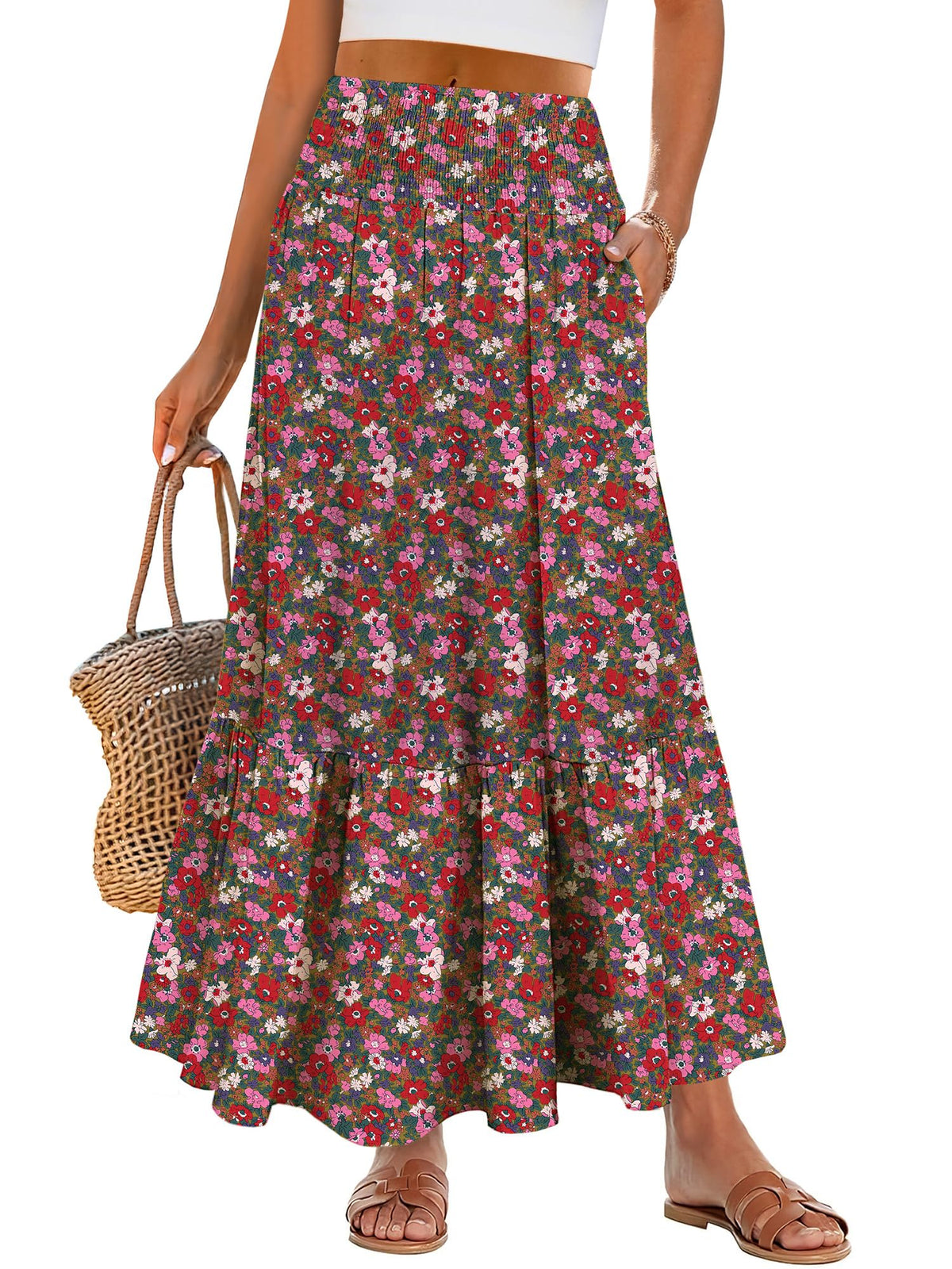 ANRABESS Women Boho Floral Maxi Skirts, High Waisted Tiered Skirt, Flowy Beach Skirts with Pockets for Vacation & Summer Wear