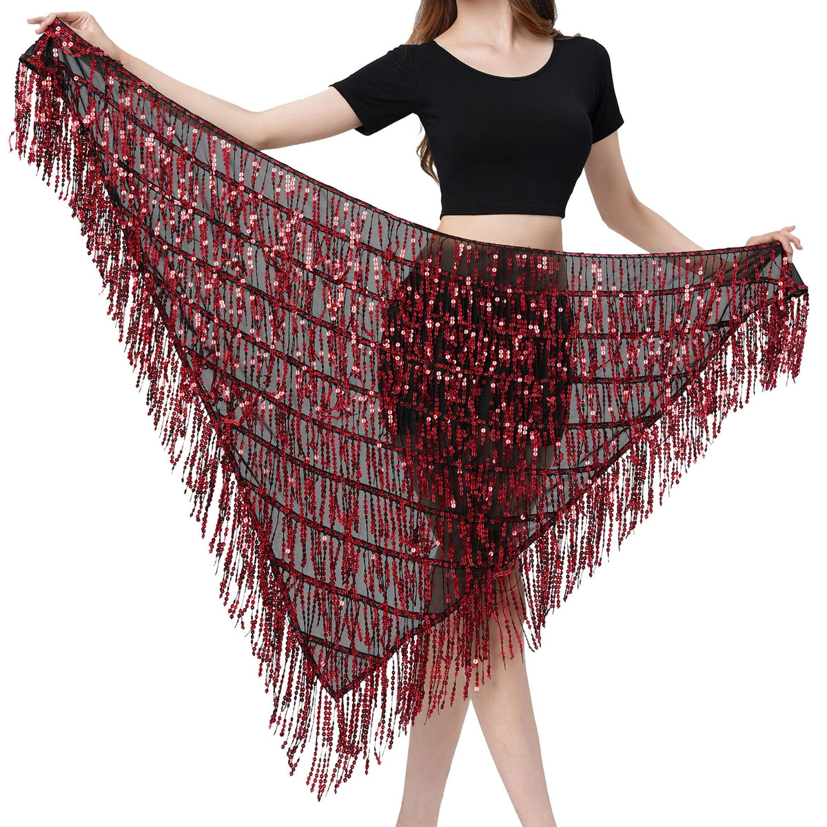 MUNAFIE Hip Scarf for Belly Dance Folk Dance Halloween Costume Tribal Dance Skirt with Sequin Tassel