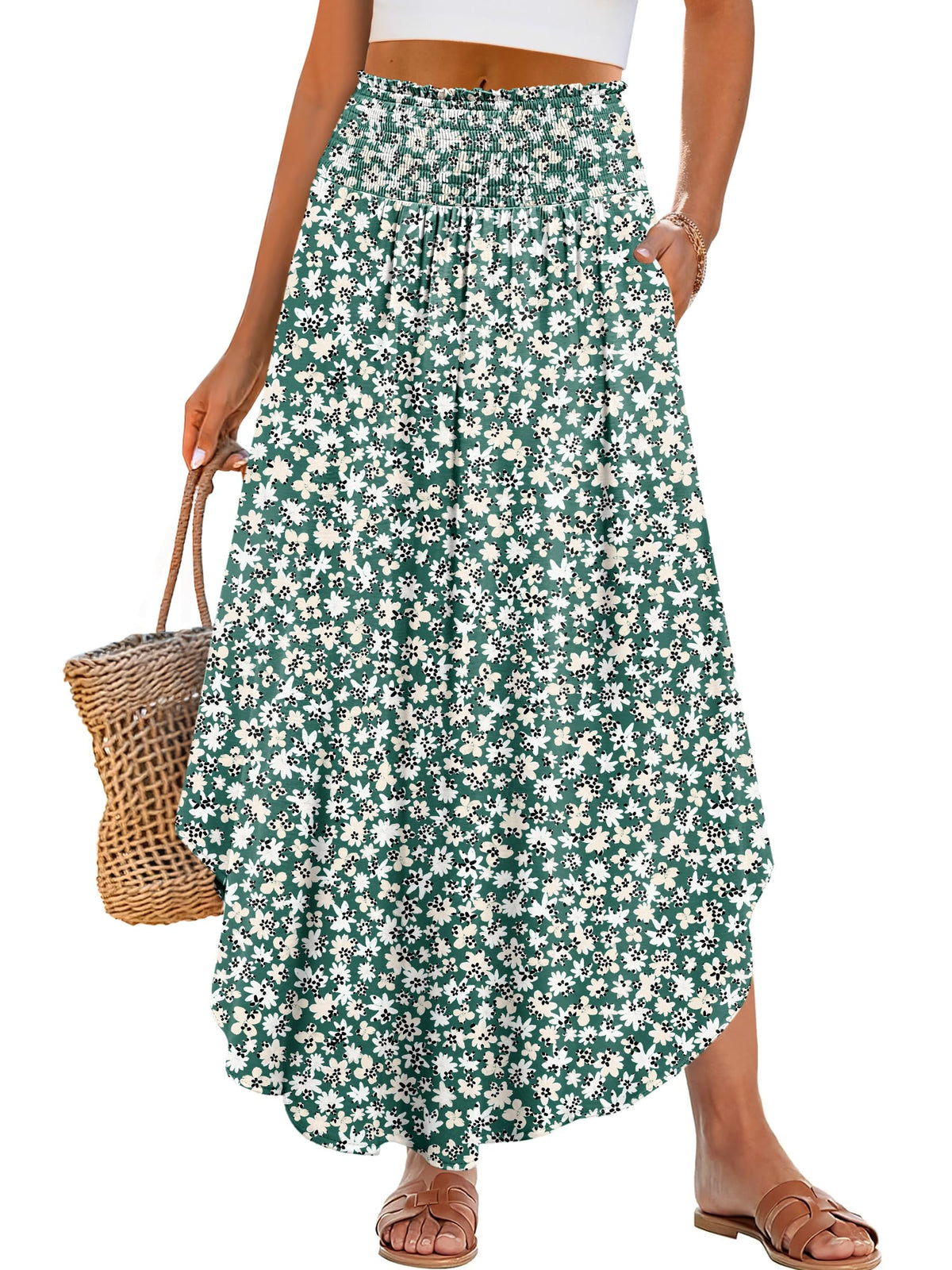 ANRABESS Women's Maxi Skirts Summer Boho Floral High Waisted Flowy Swing Pleated Beach Long Skirt with Pockets