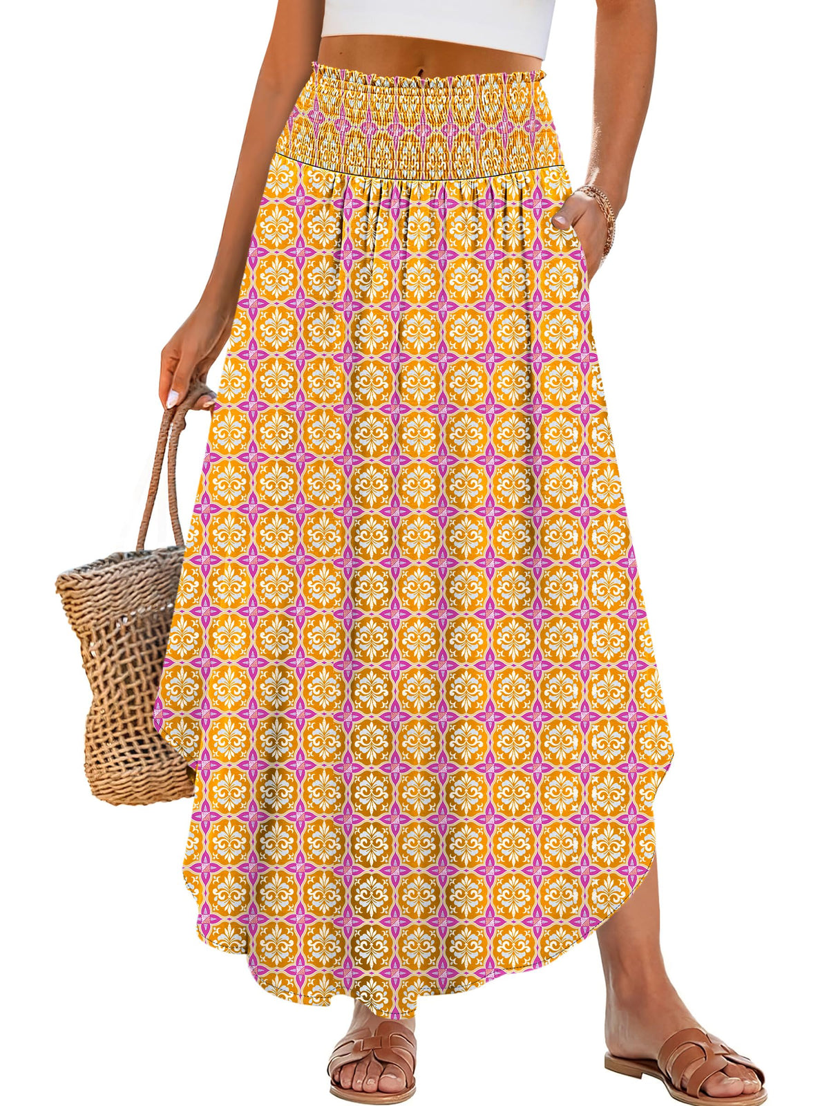 ANRABESS Women's Maxi Skirts Summer Boho Floral High Waisted Flowy Swing Pleated Beach Long Skirt with Pockets