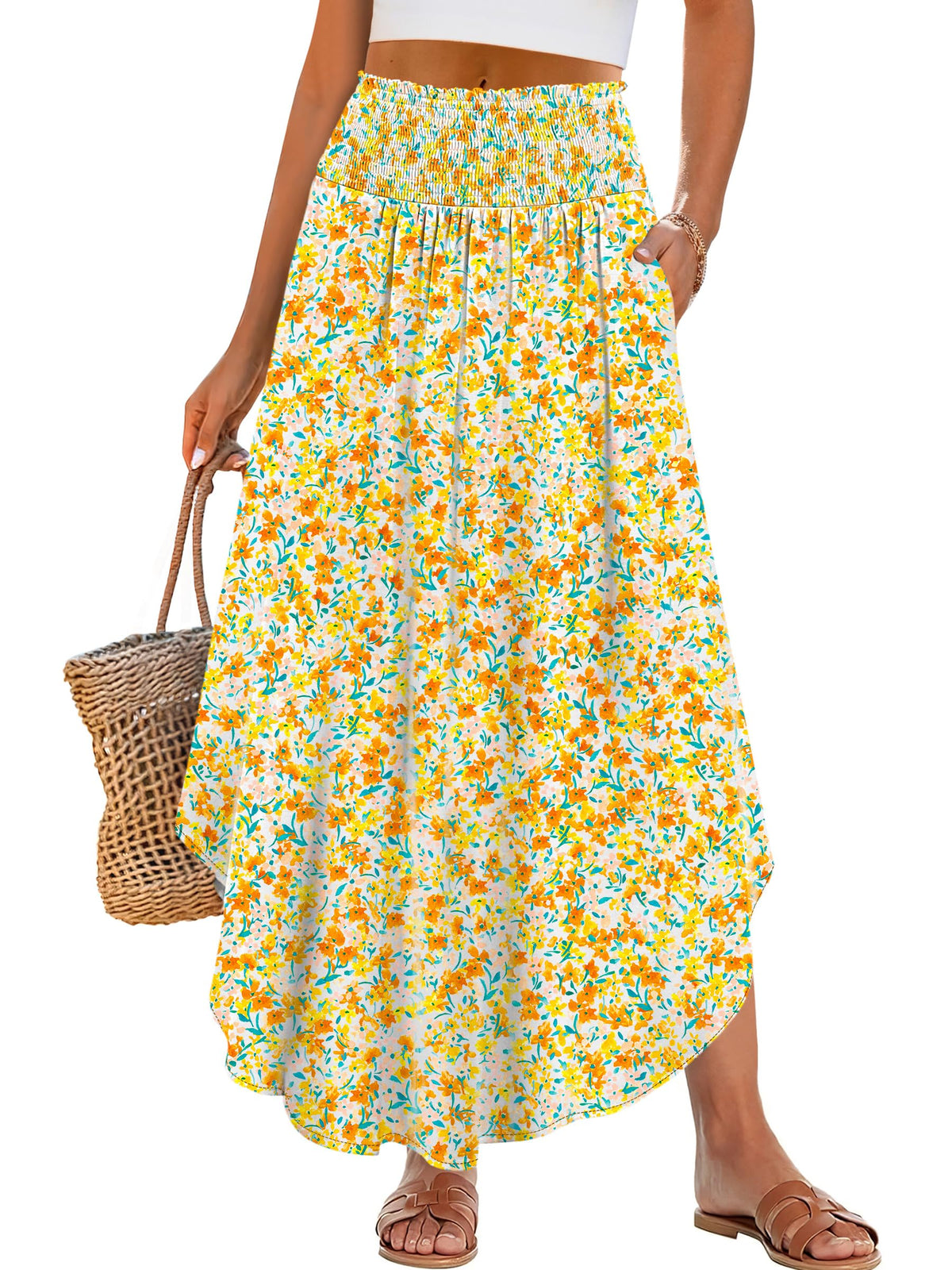 ANRABESS Women's Maxi Skirts Summer Boho Floral High Waisted Flowy Swing Pleated Beach Long Skirt with Pockets