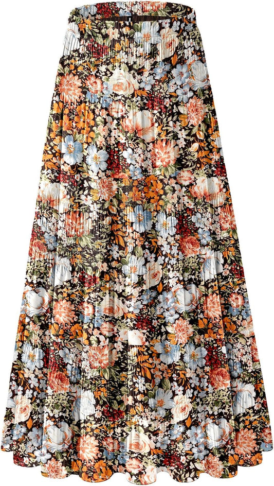 Women's Chiffon White Flowy Maxi Skirts Boho Summer Elastic Waisted Pleated A Line Long Skirt for Women 2026