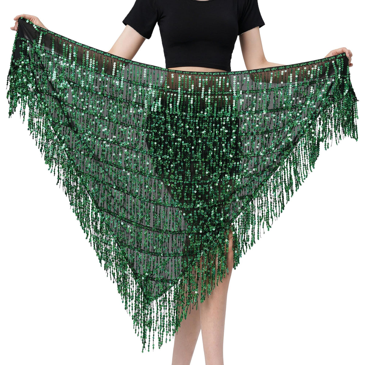 MUNAFIE Hip Scarf for Belly Dance Folk Dance Halloween Costume Tribal Dance Skirt with Sequin Tassel