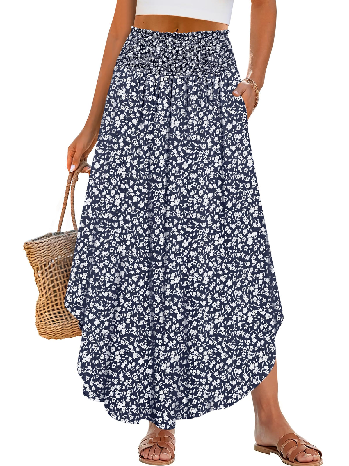 ANRABESS Women's Maxi Skirts Summer Boho Floral High Waisted Flowy Swing Pleated Beach Long Skirt with Pockets