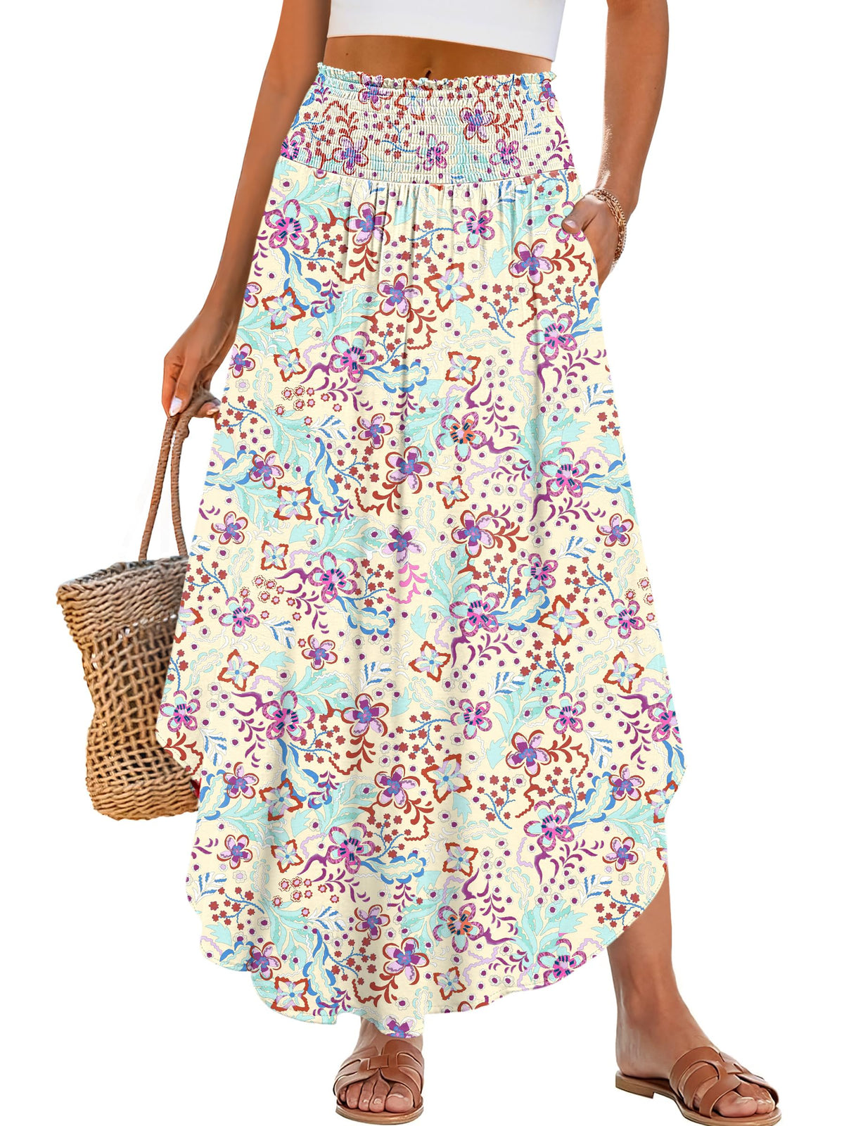 ANRABESS Women's Maxi Skirts Summer Boho Floral High Waisted Flowy Swing Pleated Beach Long Skirt with Pockets