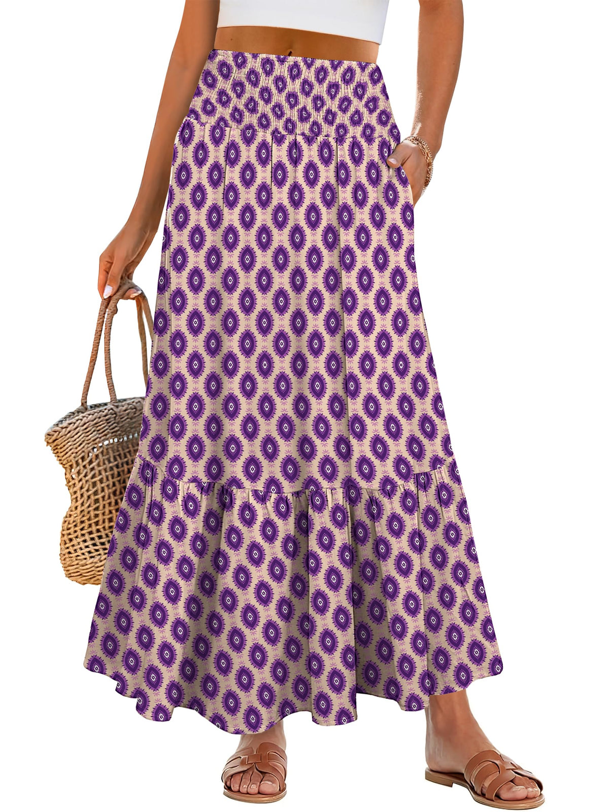 ANRABESS Women Boho Floral Maxi Skirts, High Waisted Tiered Skirt, Flowy Beach Skirts with Pockets for Vacation & Summer Wear