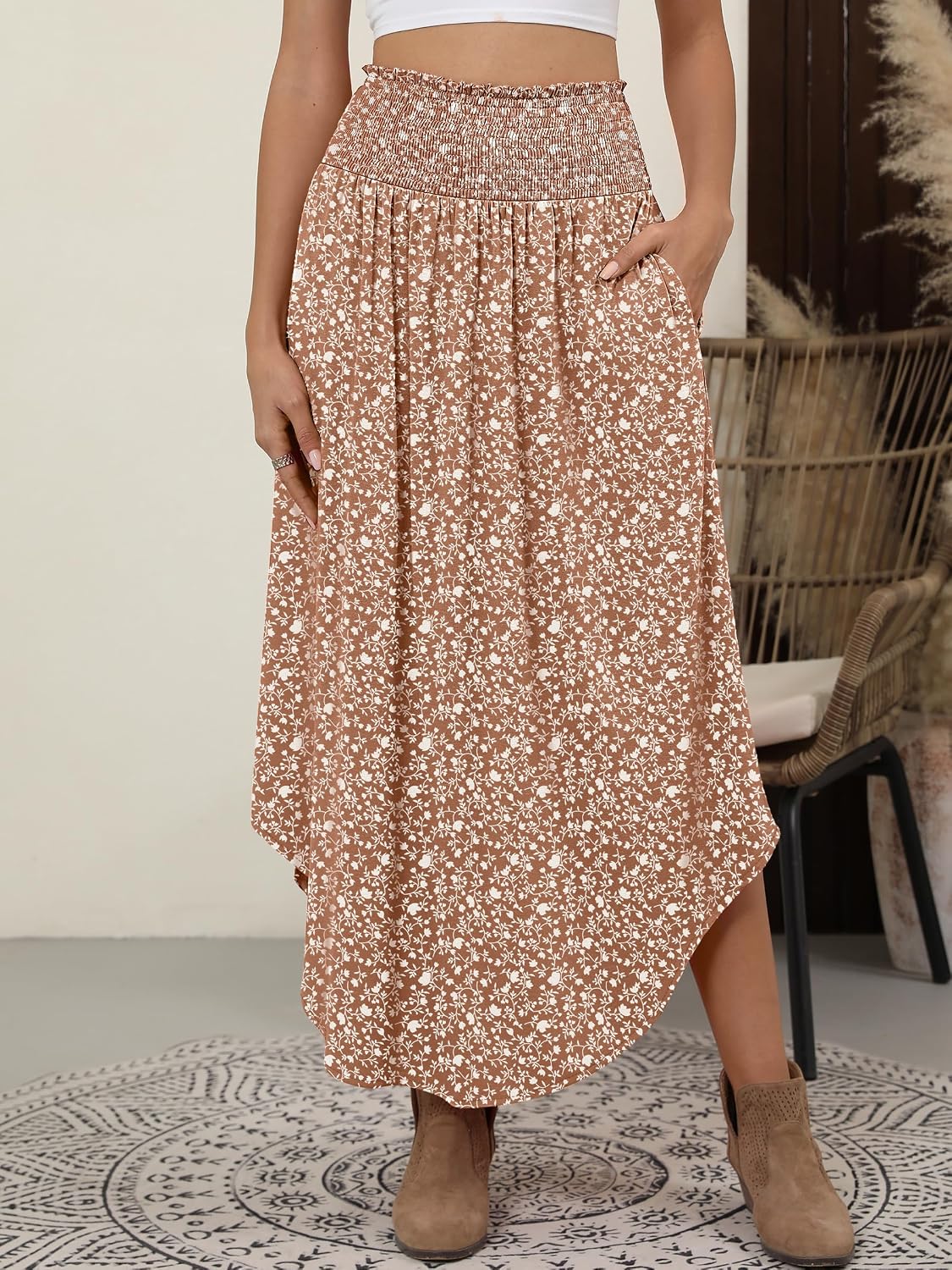 ANRABESS Women's Maxi Skirts Summer Boho Floral High Waisted Flowy Swing Pleated Beach Long Skirt with Pockets