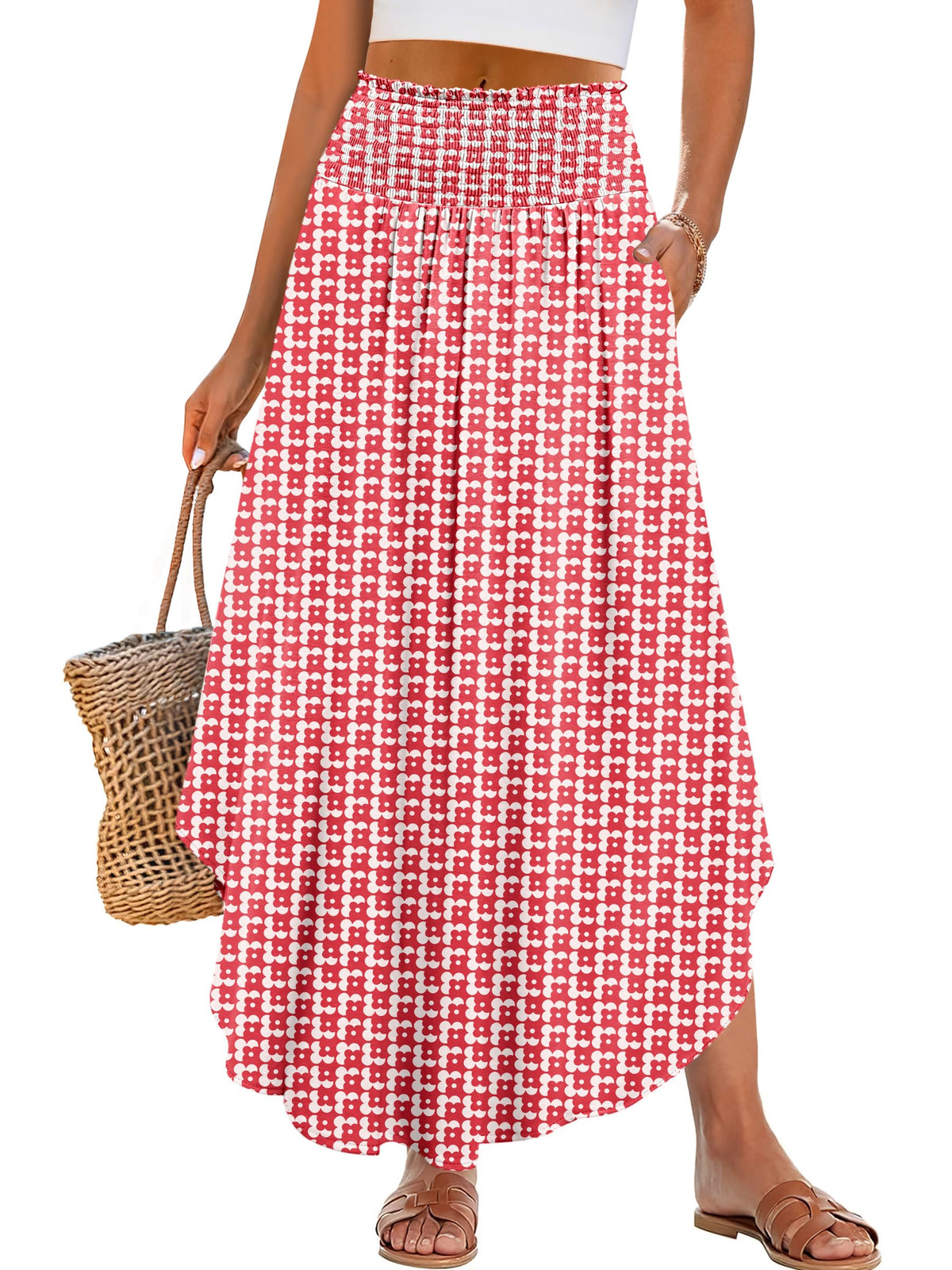 ANRABESS Women's Maxi Skirts Summer Boho Floral High Waisted Flowy Swing Pleated Beach Long Skirt with Pockets