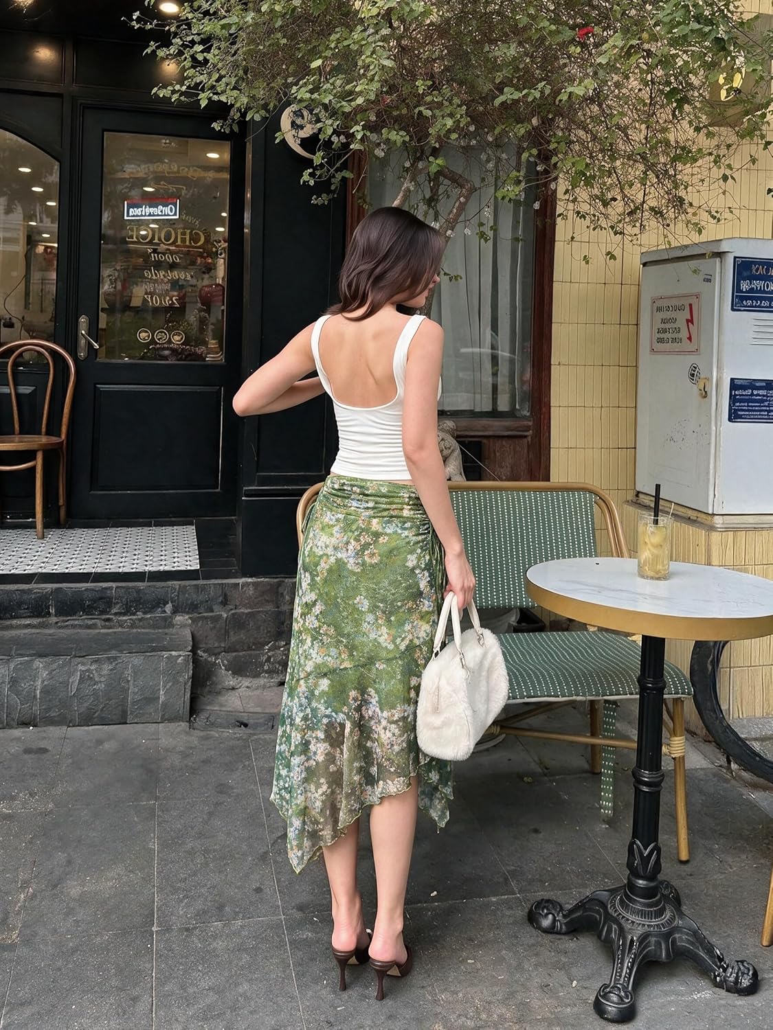 Narecte Boho Floral Ruched Asymmetrical Skirt Womens Midi Skirt