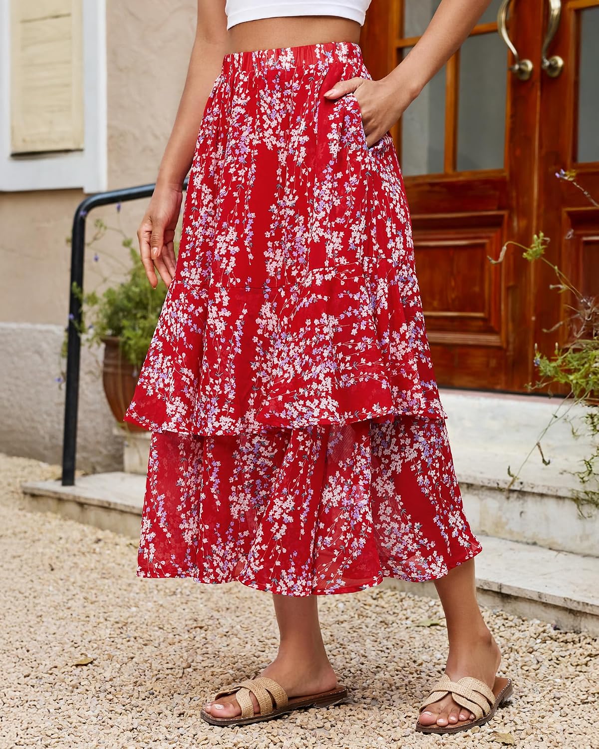 luvamia Long Skirts for Women Floral Flowy Boho Tiered Ruffle A Line Summer Chiffon Elastic Waist Maxi Skirt with Pocket