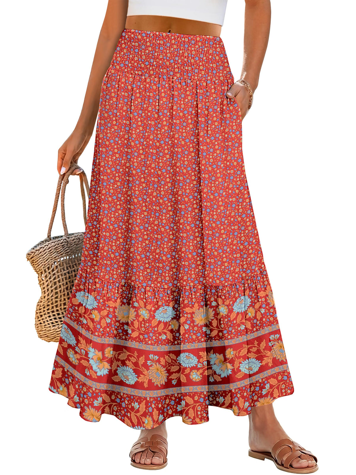 ANRABESS Women Boho Floral Maxi Skirts, High Waisted Tiered Skirt, Flowy Beach Skirts with Pockets for Vacation & Summer Wear