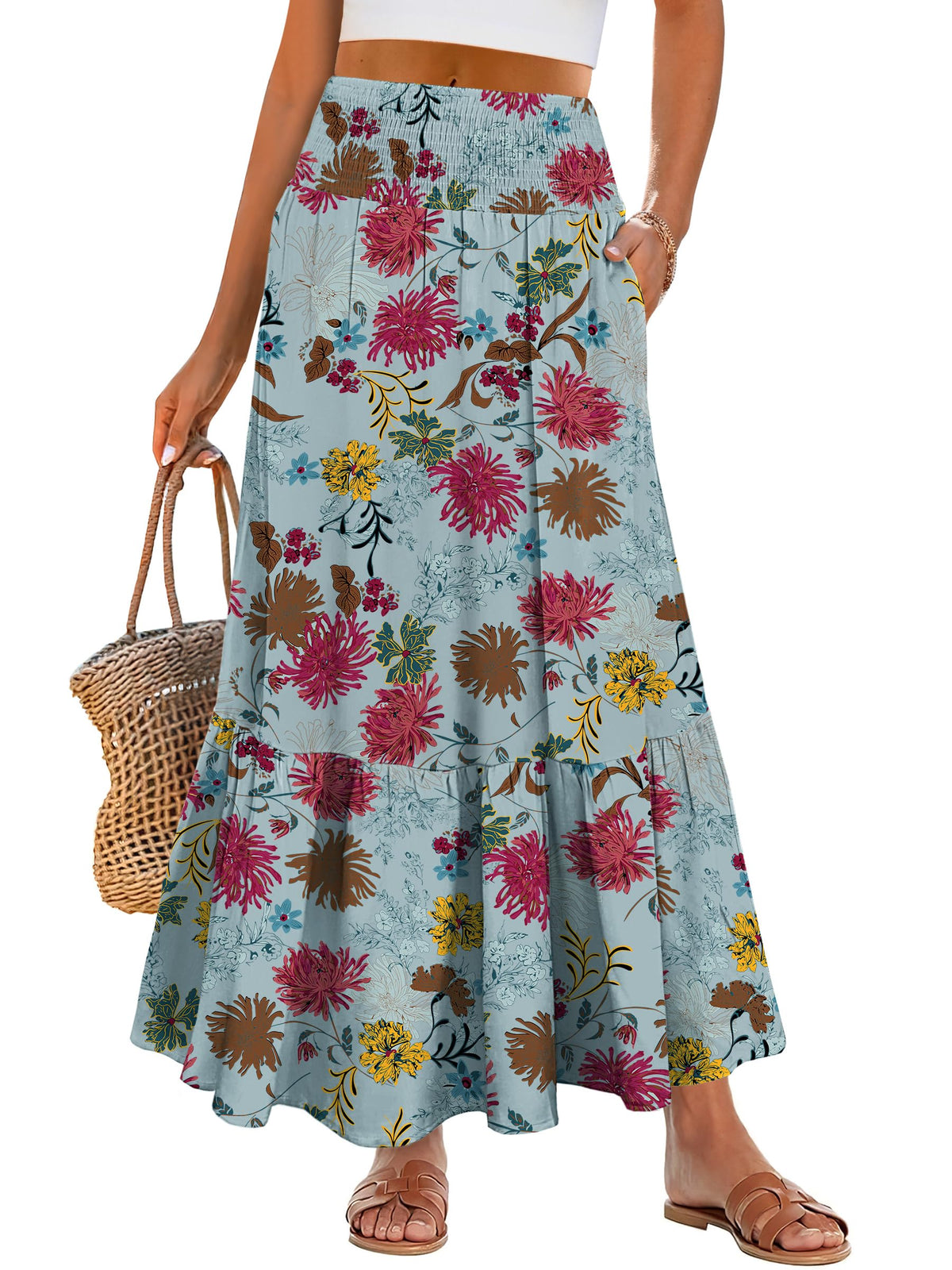 ANRABESS Women Boho Floral Maxi Skirts, High Waisted Tiered Skirt, Flowy Beach Skirts with Pockets for Vacation & Summer Wear