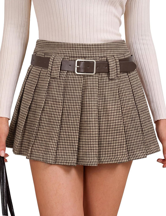 FOMELY Womens High Waisted Pleated Skirt Y2K Casual Mini Skirt with Belt