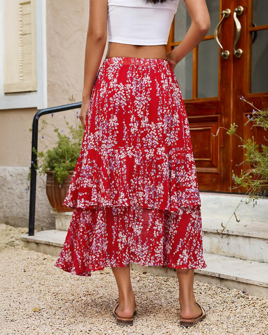 luvamia Long Skirts for Women Floral Flowy Boho Tiered Ruffle A Line Summer Chiffon Elastic Waist Maxi Skirt with Pocket