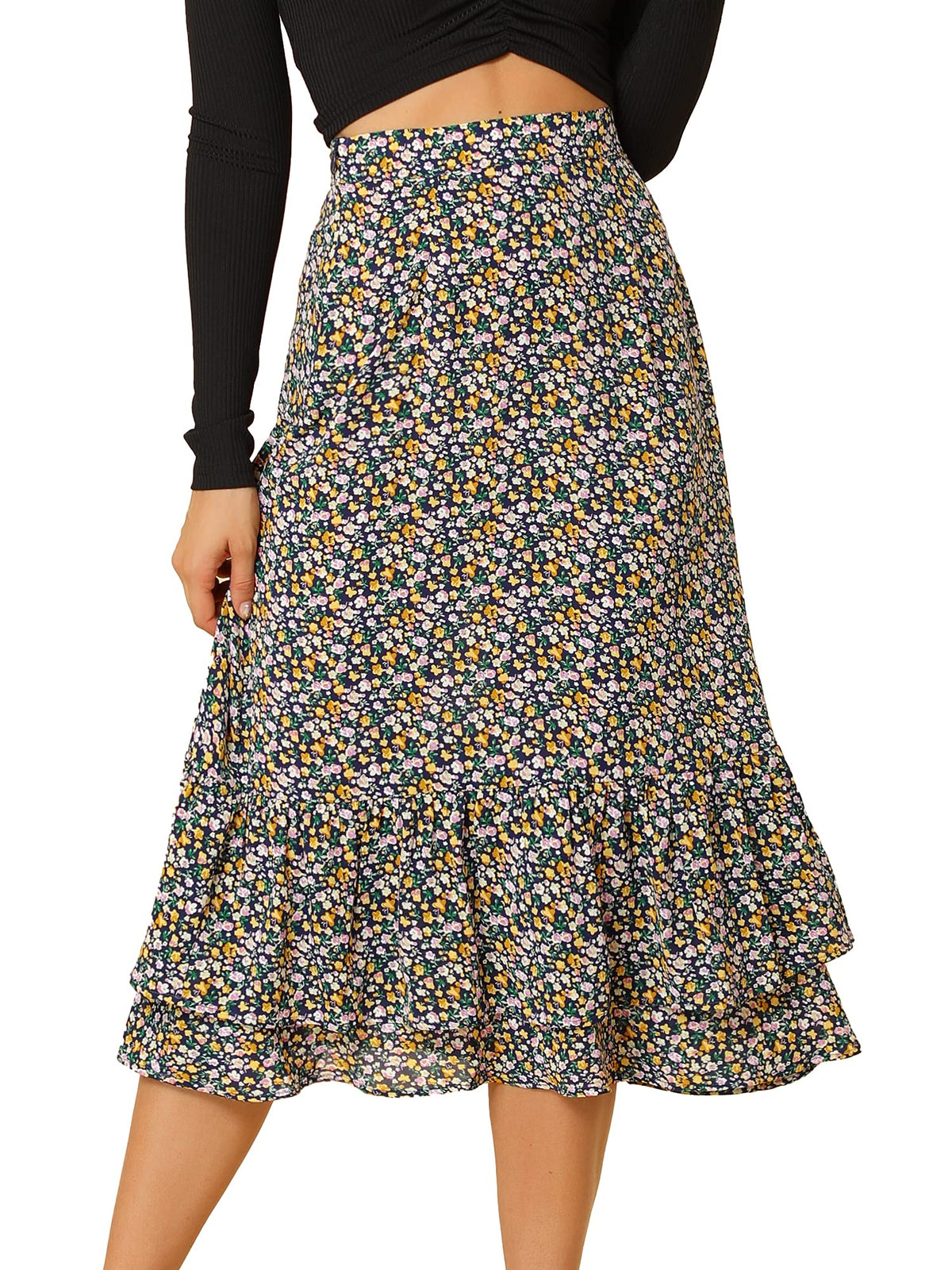 Allegra K Women's Printed Skirt Chiffon Ruffle Tiered Flowy Midi Skirts