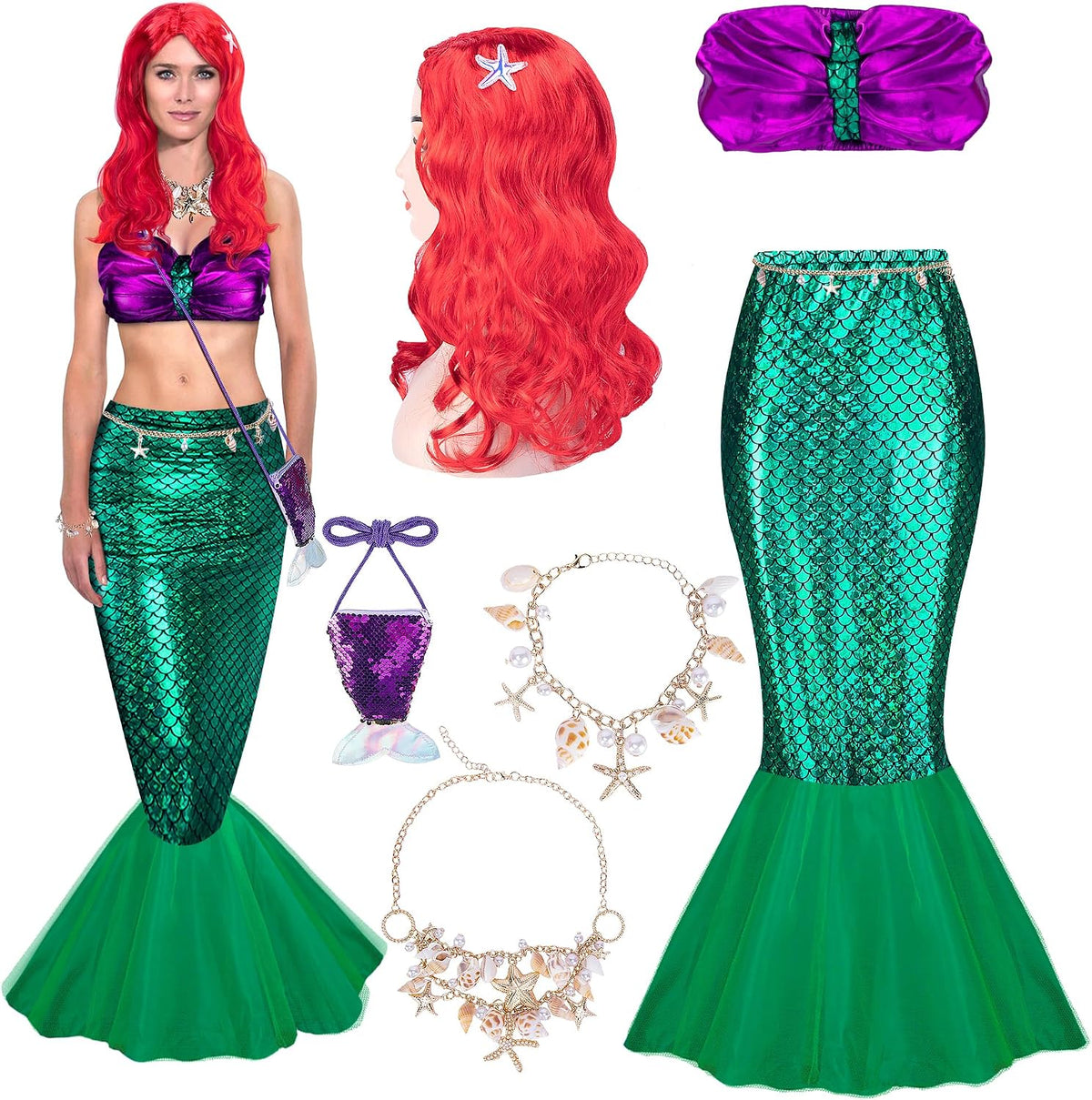 7 Pack Halloween Women Mermaid Costume, Mermaid Tube Top Skirt Costume Set