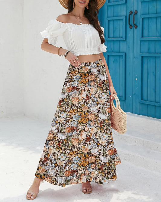 CYiNu Women's Chiffon Elastic High Waist Tiered Pleated Floral Printed A-Line Boho Long Maxi Skirts