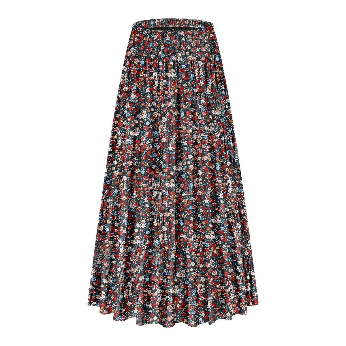CYiNu Women's Chiffon Elastic High Waist Tiered Pleated Floral Printed A-Line Boho Long Maxi Skirts