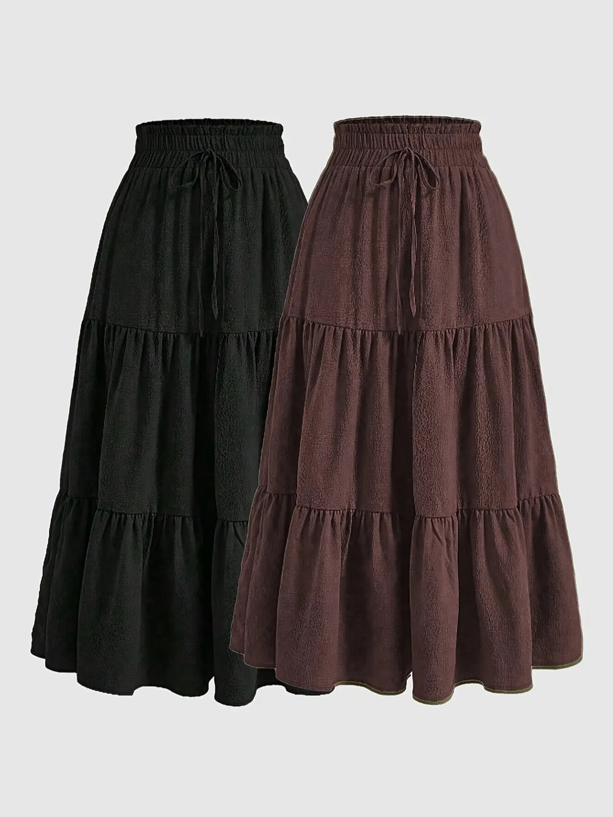 Women's 2 Piece Set, Casual Fitted Long Skirt with Drawstring and Layered Ruffles, Thin Lightweight Woven Fabric, Plain Pattern, All Seasons Wear, Skirt Sets, Womenswear, Clothes, Lady