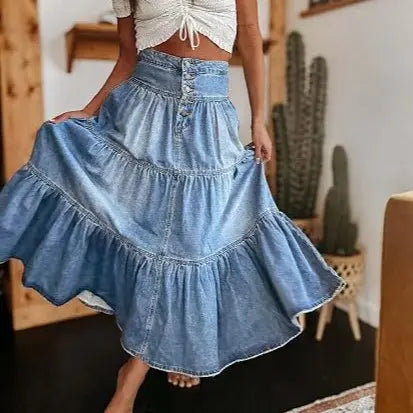 Women's High Waist Long  Skirt Button-Fly Tiered Ruffle Swing A-Line Jean Maxi Skirt with Pockets