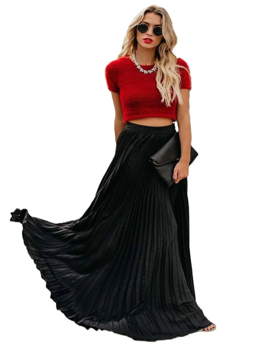 Ebossy Women's High Waist Flowy Pleated Chiffon Maxi Skirt - Casual Loose Fitted, Elastic Waist, Summer Fall Winter Wear, Basic Minimalist Design Womenswear,back to school shopping