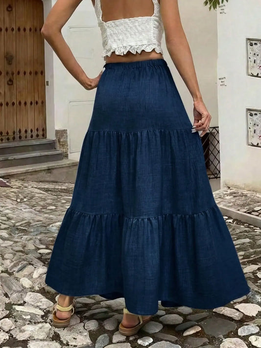 Women's Tiered Maxi Skirt with Drawstring Waist, Non-Stretch Fabric for Casual Daily Wear