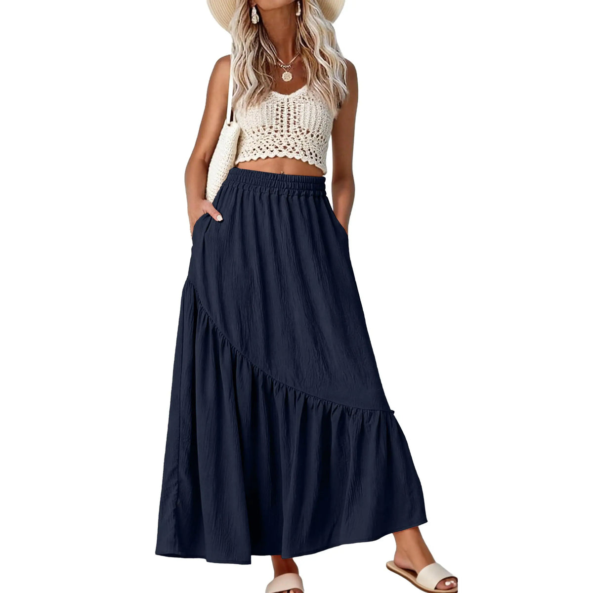 GRECERELLE Women's Boho Maxi Skirt High Waist Pleated A-Line Flowy Swing Asymmetric Tiered Long Skirts with Pockets