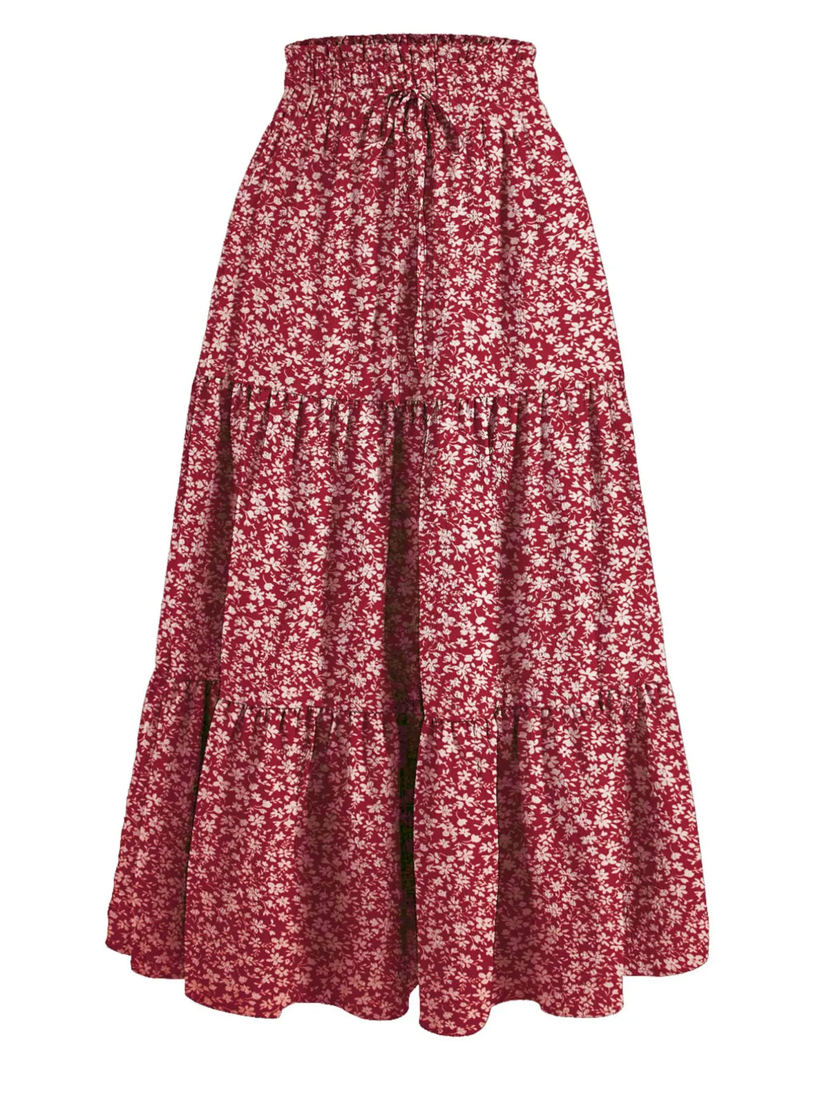 Boho High-Waisted Fishtail Skirt Bottoms, Bohemian Floral Skirt, Plain Color Solid A-Line Midi Dress, Layered Ruffle Hem, Casual Long Skirt for All Seasons