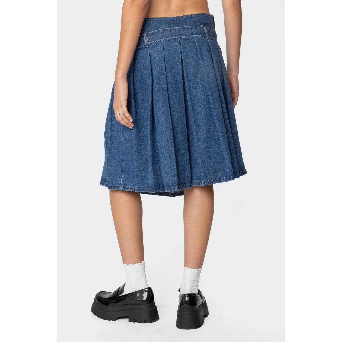 Belted Pleated Denim Midi Skirt