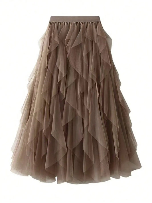 1Pc Irregular Layered Tulle Dance Maxi Skirt, Elastic Waist Flowy Swing Performance Long Skirt for Women Dance Wear, Belly Dance Skirt
