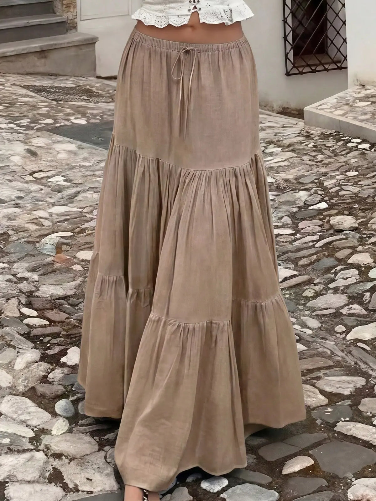 Women's Tiered Maxi Skirt with Drawstring Waist, Non-Stretch Fabric for Casual Daily Wear
