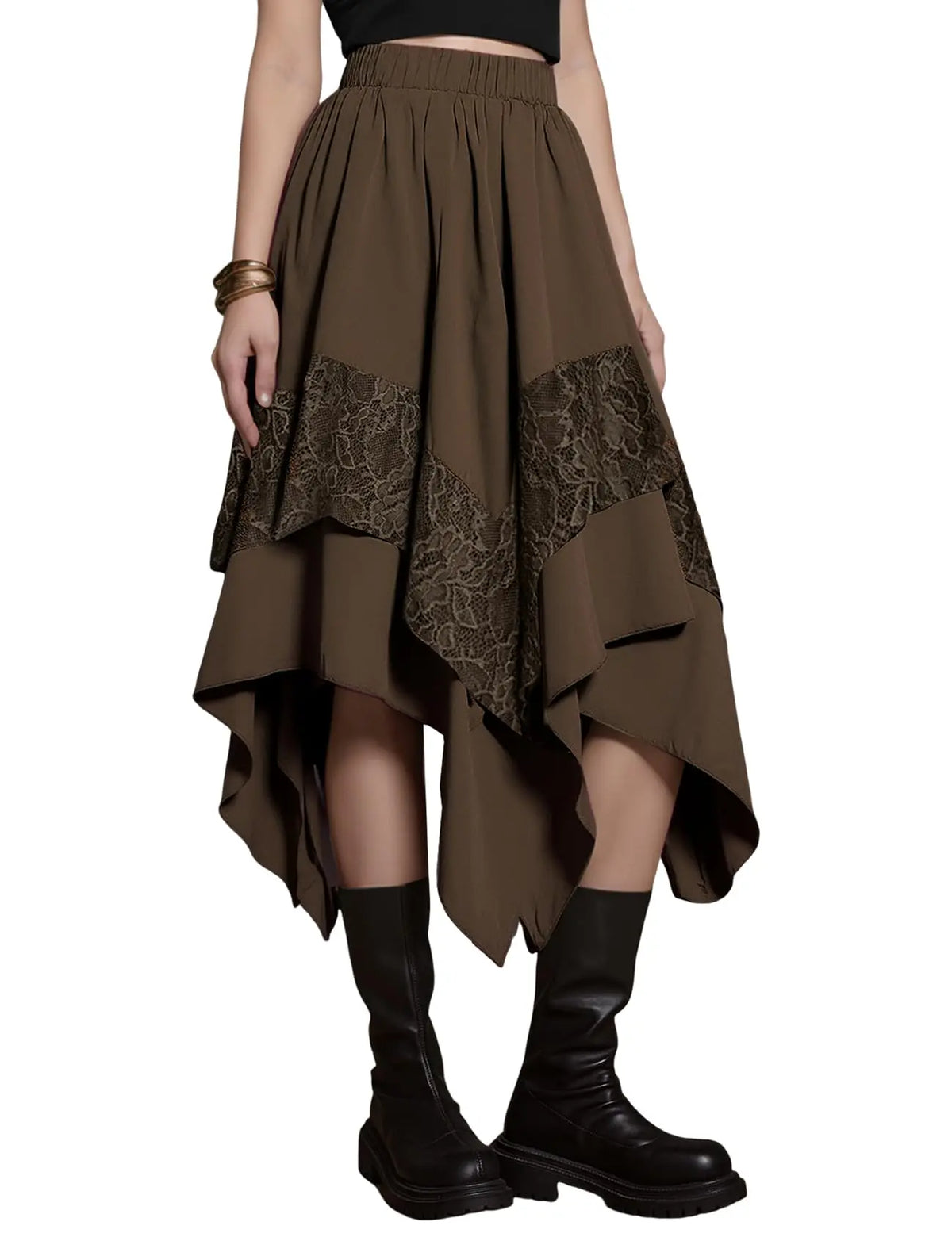 Arssm Womens Renaissance Skirt Lace Tiered Asymmetrical Flowy Fairy Long Skirt High Waist Gothic Midi Skirts