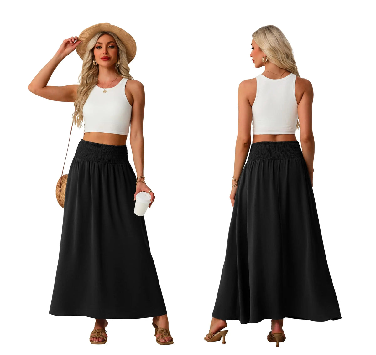 Lepunuo Maxi Skirts for Women Smocked Elastic High Waisted Casual Boho Swing Pleated Beach Long Skirts with Pockets