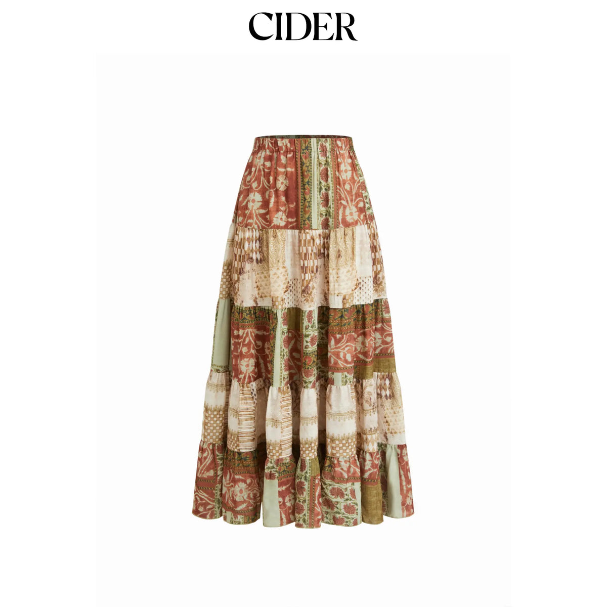 Cider Mid Rise Aztec Two Tone Tiered Ruffle Maxi Skirt
