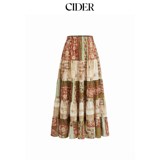 Cider Mid Rise Aztec Two Tone Tiered Ruffle Maxi Skirt