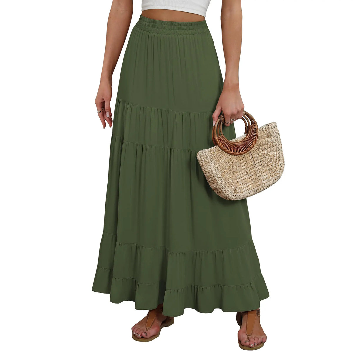 ANRABESS Womens Maxi Skirt Elastic High Waist Swing Tiered A-line Flowy Pleated Boho Beach Vacation Long Skirts Summer Fit