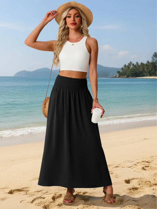 Lepunuo Maxi Skirts for Women Smocked Elastic High Waisted Casual Boho Swing Pleated Beach Long Skirts with Pockets
