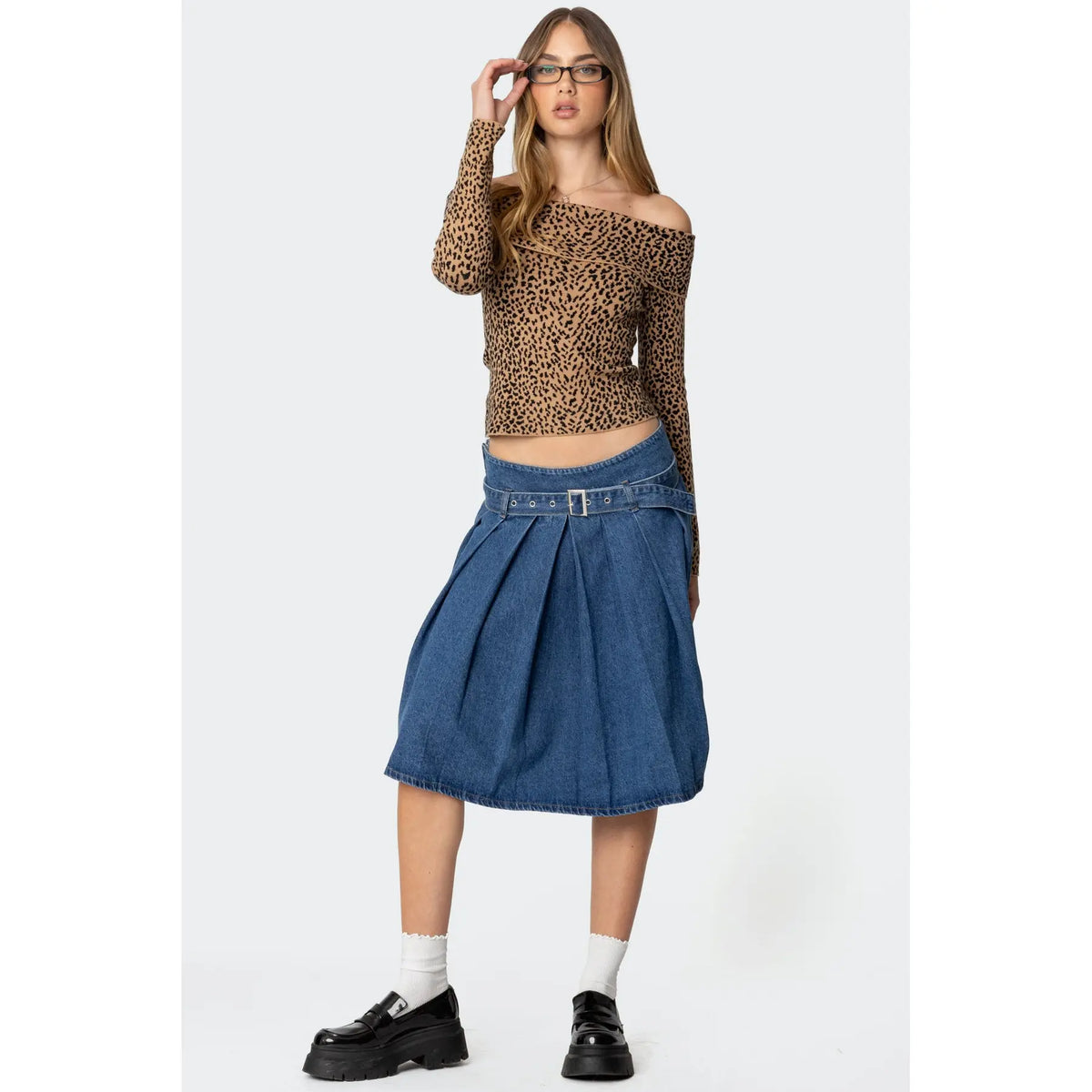 Belted Pleated Denim Midi Skirt