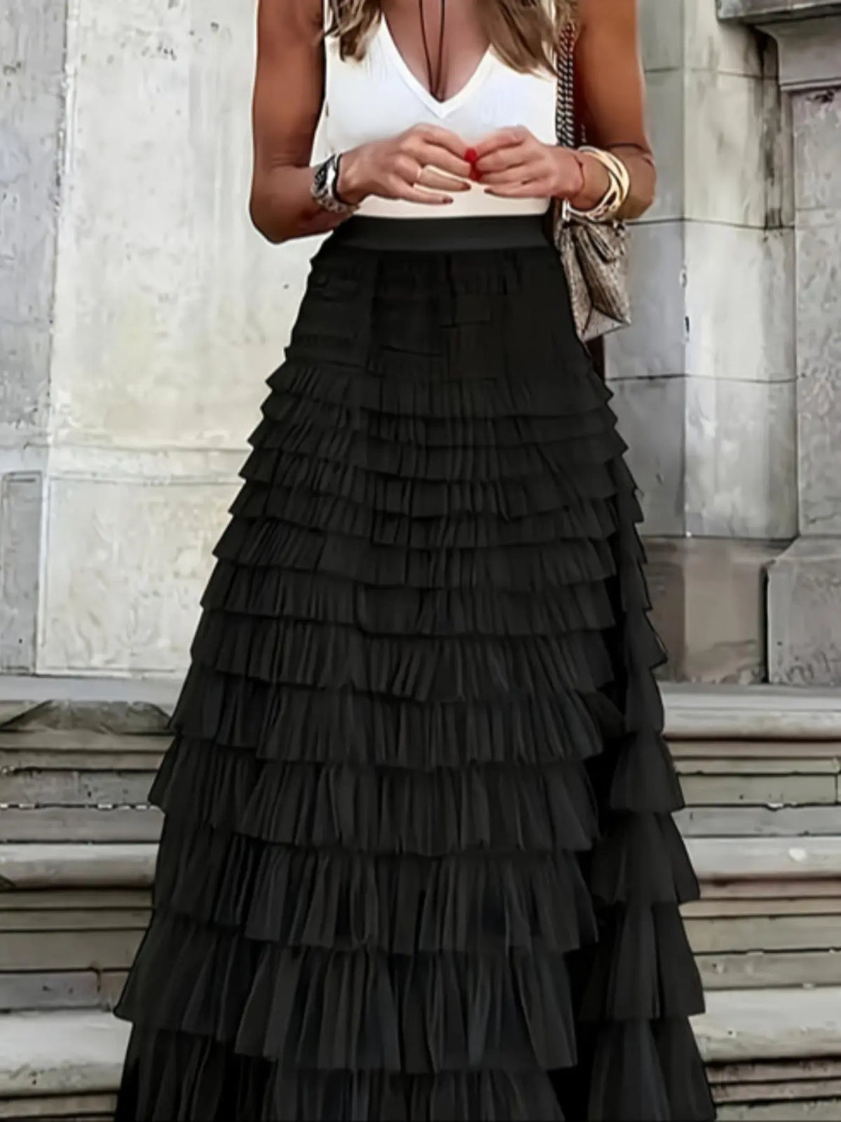Women's Plain Ruffle Hem Tiered Layer Knit Skirt, Elegant Chic Aesthetic High Waist Fit Long Skirt for Vacation Holiday Party, Ladies Bottoms for All Seasons, Long Skirt Women All Season Skirts