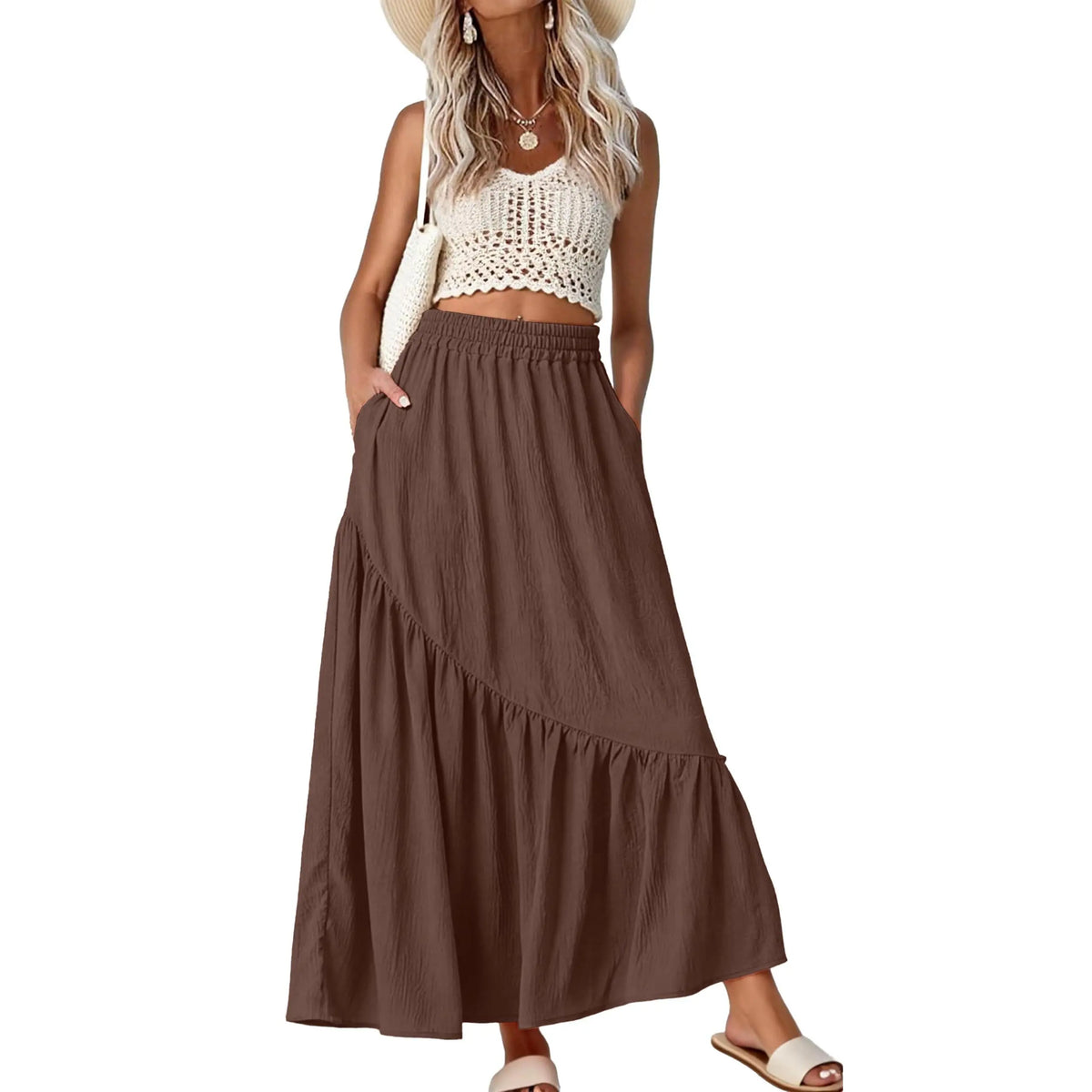GRECERELLE Women's Boho Maxi Skirt High Waist Pleated A-Line Flowy Swing Asymmetric Tiered Long Skirts with Pockets