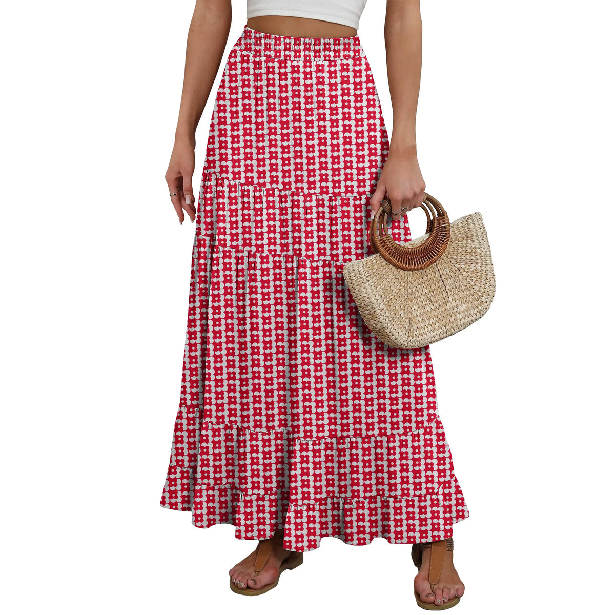ANRABESS Womens Maxi Skirt Elastic High Waist Swing Tiered A-line Flowy Pleated Boho Beach Vacation Long Skirts Summer Fit
